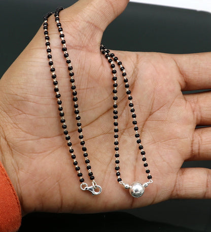 Sterling silver black beads bridal Mangalsutra necklace set with ball design, traditional Indian jewelry by Tribal Ornaments.