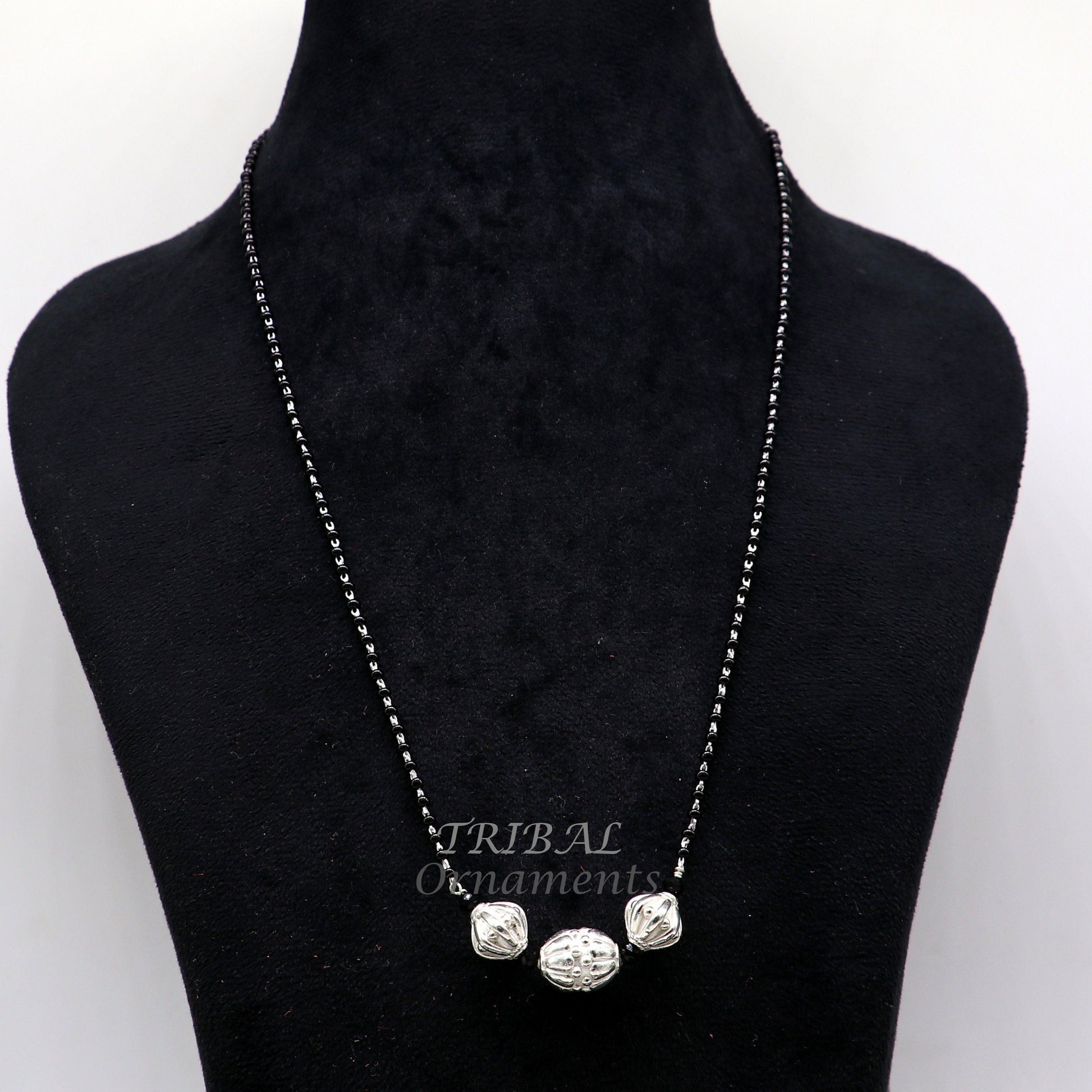 925 sterling silver black beads chain necklace with vintage pendant, traditional style delicate jewelry for brides and girls.