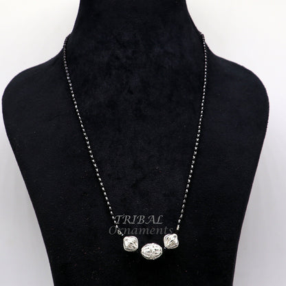925 sterling silver black beads chain necklace with vintage pendant, traditional style delicate jewelry for brides and girls.