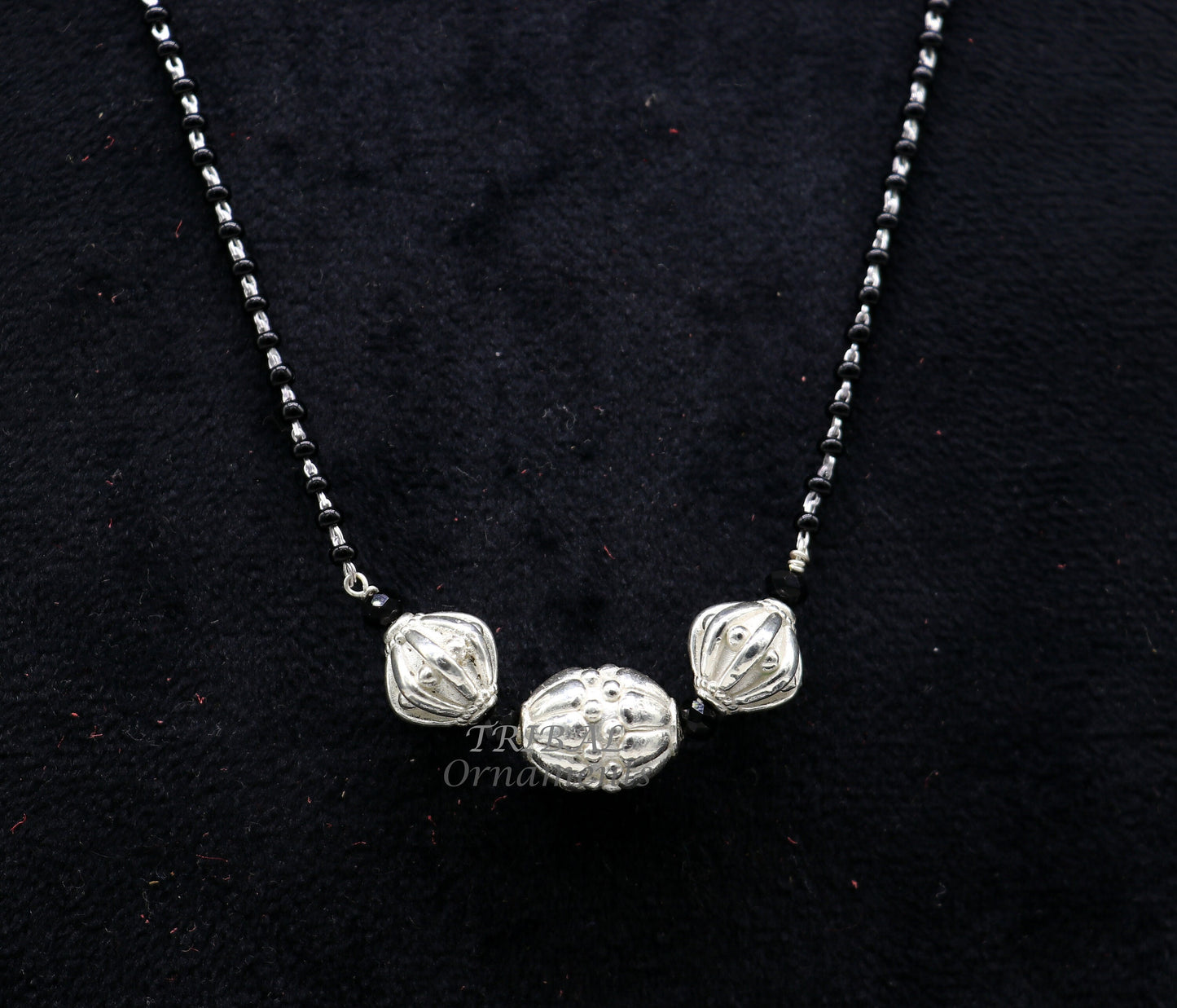 925 sterling silver black beads chain necklace with vintage style pendant, traditional delicate necklace for girls' bridal set.