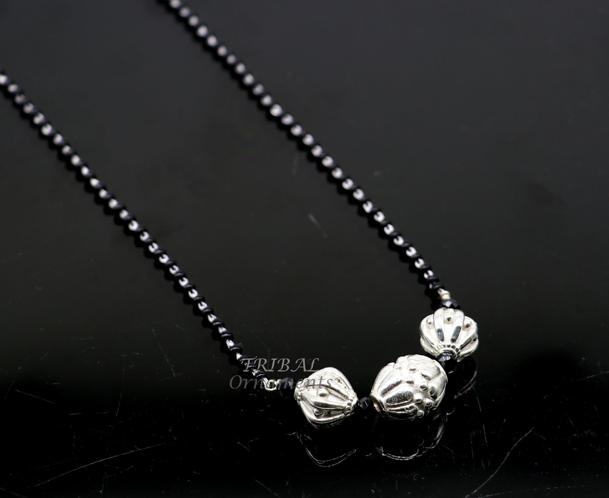 Sterling silver black beads chain necklace with vintage pendant, traditional style bridal jewelry, delicate design for girls.