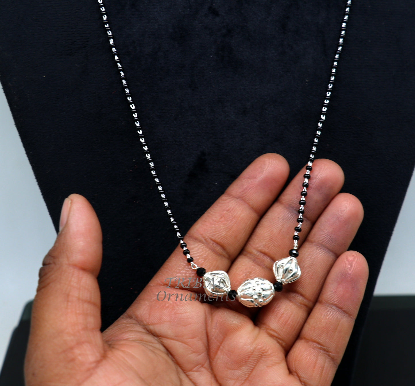925 sterling silver black beads chain necklace with vintage style pendant, traditional bride's delicate jewelry for girls.