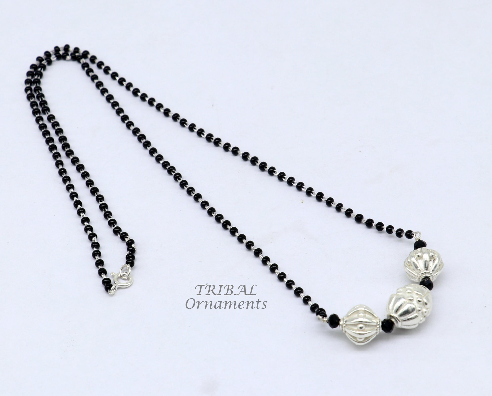 Sterling silver black beads chain necklace with vintage-style pendant, traditional delicate jewelry for brides and girls by Tribal Ornaments