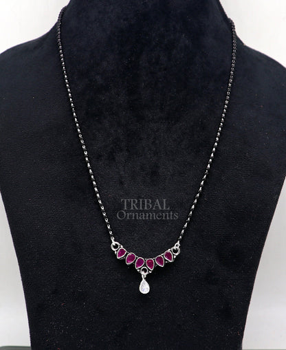 925 sterling silver black beads Mangalsutra necklace with pink stone and flower pendant, traditional tribal ornament jewelry.