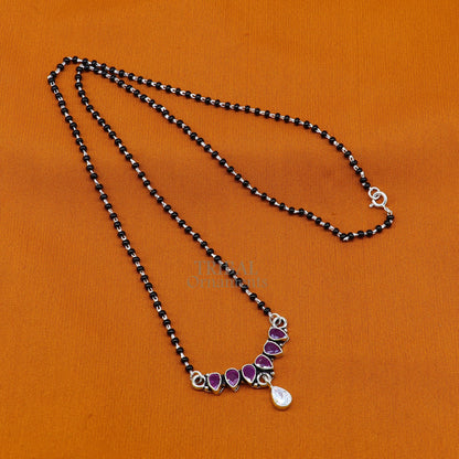 925 sterling silver black beads Mangalsutra necklace with pink stone and flower pendant, traditional tribal style jewelry.