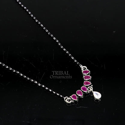 925 sterling silver black beads chain Mangalsutra necklace with pink stone and floral pendant, traditional tribal jewelry.