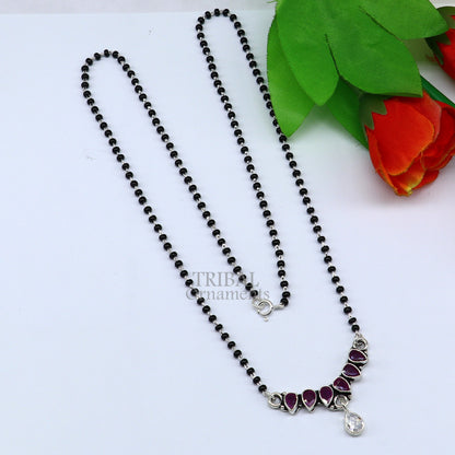 925 sterling silver black beads mangalsutra necklace with pink stone and floral pendant, traditional tribal jewelry for brides