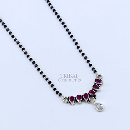 925 sterling silver black beads Mangalsutra necklace with pink stone and flower pendant, traditional jewelry by TRIBAL ORNAMENTS