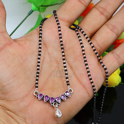 925 sterling silver black beads Mangalsutra necklace with pink stone and flower pendant, traditional bridal jewelry by TRIBAL ORNAMENTS