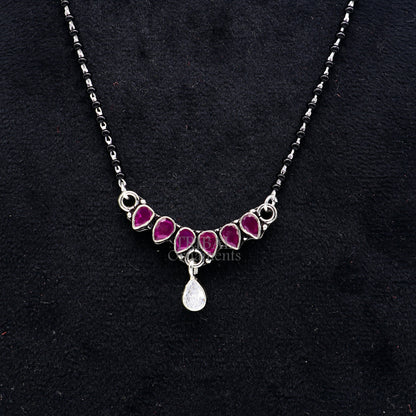 925 sterling silver black beads mangalsutra necklace with pink stone and floral pendant, traditional tribal jewelry for brides