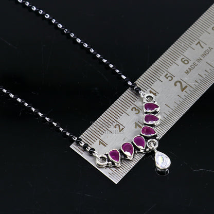 925 sterling silver black beads and pink stone Mangalsutra necklace with flower pendant, traditional design for brides.