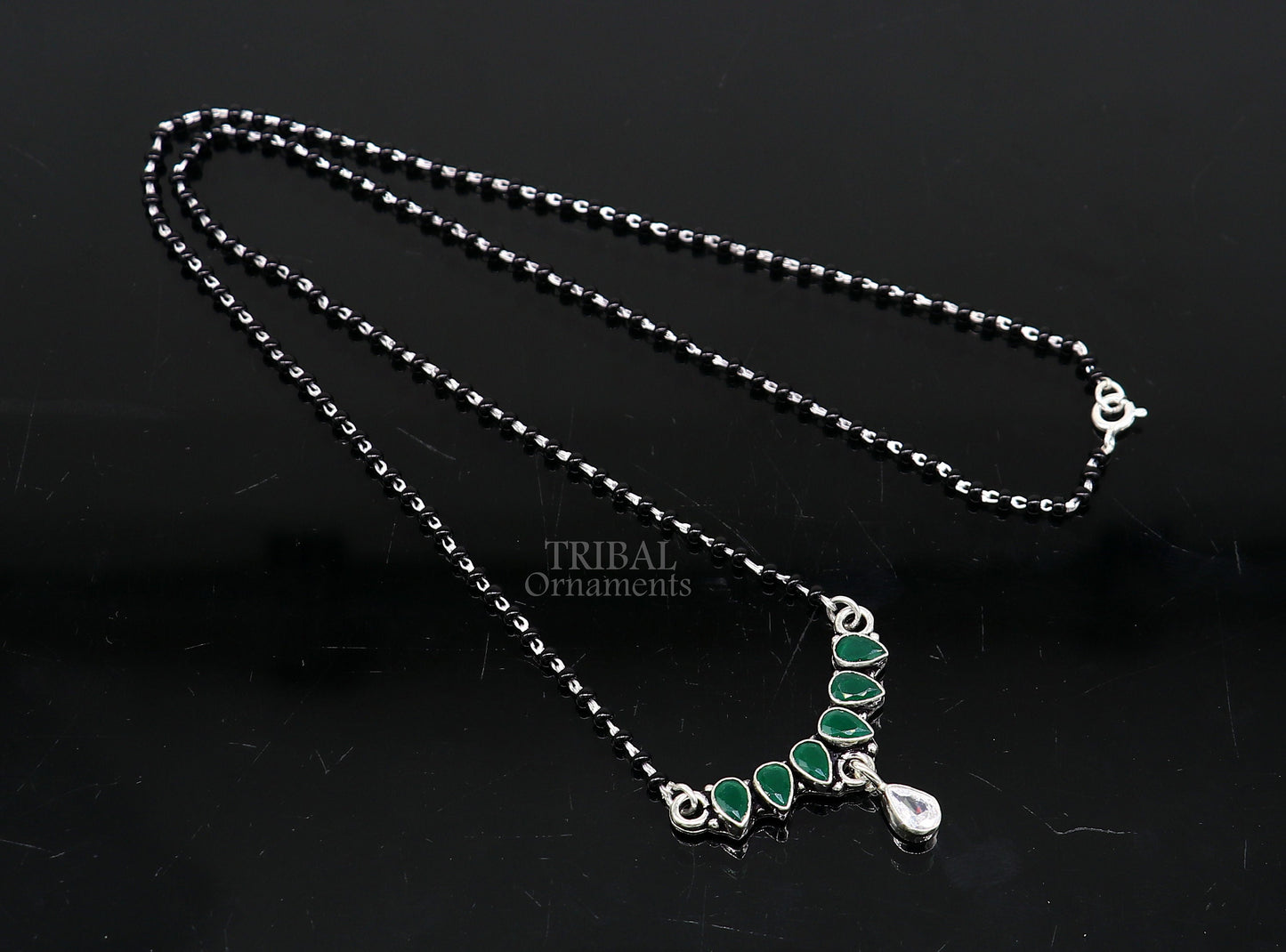 925 sterling silver black beads chain Trendy necklace, gorgeous flower design pendant, traditional style brides Mangalsutra necklace MS03 - TRIBAL ORNAMENTS