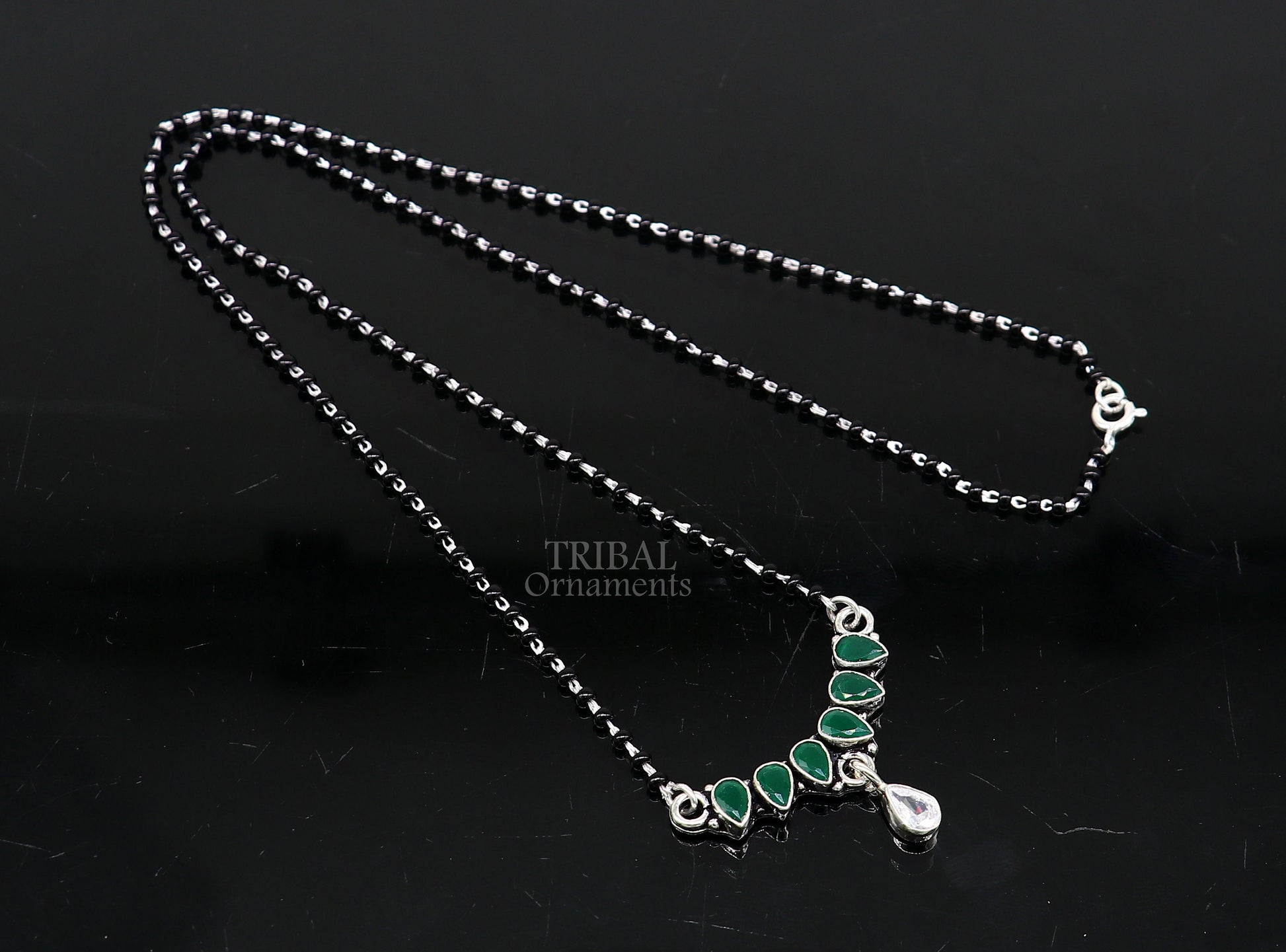 925 sterling silver black beads chain Trendy necklace, gorgeous flower design pendant, traditional style brides Mangalsutra necklace MS03 - TRIBAL ORNAMENTS