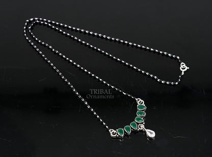 925 sterling silver black beads mangalsutra necklace with green stone and flower pendant, traditional tribal jewelry for brides