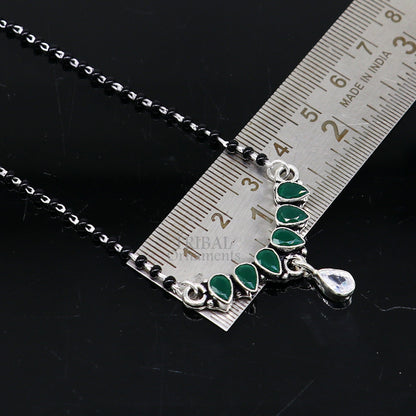 925 sterling silver mangalsutra necklace with black beads, green stone pendant, floral design, traditional bridal jewelry by TRIBAL ORNAMENTS