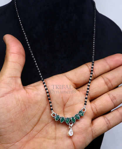 925 sterling silver mangalsutra necklace with black beads, green stone pendant, floral design, traditional tribal ornaments jewelry.