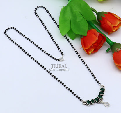 925 sterling silver mangalsutra necklace with black beads, green stone pendant, floral design, traditional tribal ornaments jewelry