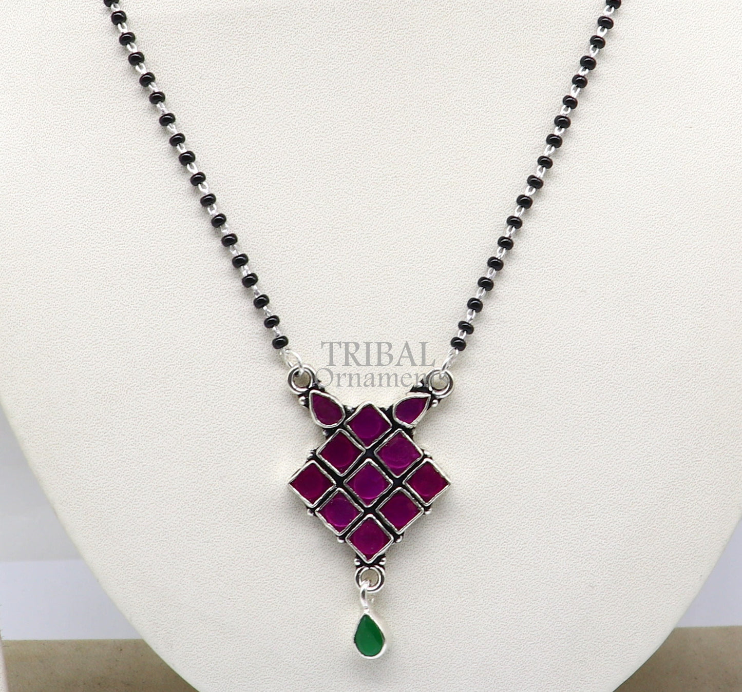 925 sterling silver black beads chain Trendy necklace, gorgeous multicolor stone pendant, traditional style brides Mangalsutra necklace MS05 - TRIBAL ORNAMENTS