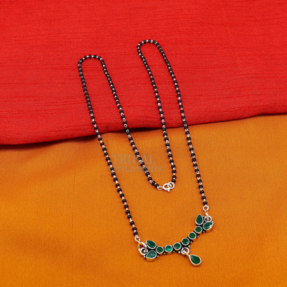 925 sterling silver black beads Mangalsutra necklace with green stone, tribal ornaments chain for brides and special occasions
