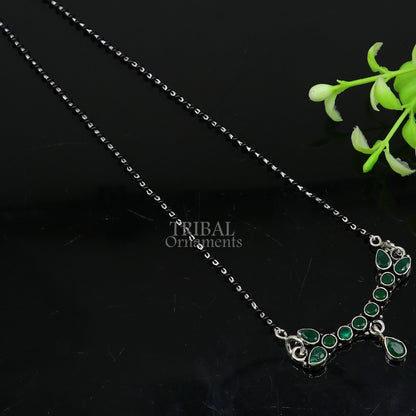 925 sterling silver black beads Mangalsutra necklace with green stone, tribal ornament chain for brides and special occasions