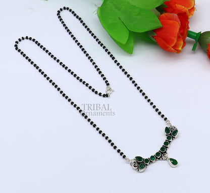 925 sterling silver black beads Mangalsutra necklace with green stone by TRIBAL ORNAMENTS, traditional jewelry for special occasions