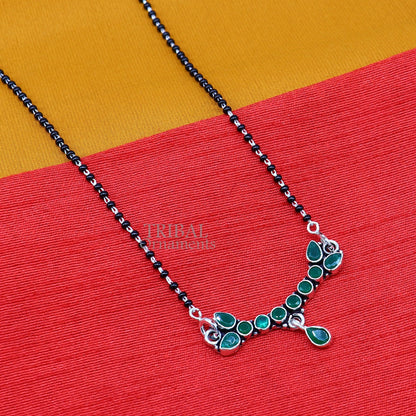 925 sterling silver black bead Mangalsutra necklace with green stone, tribal ornaments chain for brides and special occasions.
