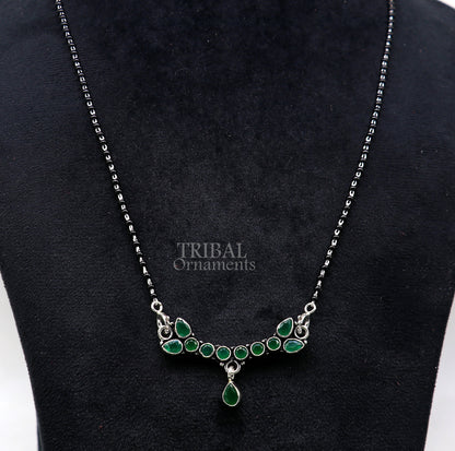925 sterling silver black beads Mangalsutra necklace with green stone and chain, tribal ornaments style for special occasions and brides