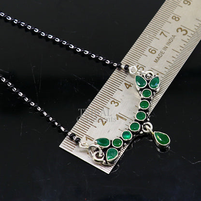925 sterling silver black beads Mangalsutra necklace with green stone, tribal ornaments brand, traditional jewelry for special occasions