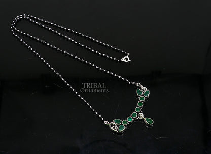 Sterling silver black beads Mangalsutra necklace with green stone, traditional tribal design for women and brides.