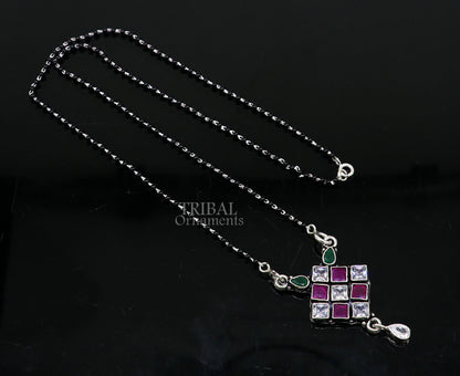 925 sterling silver black bead Mangalsutra chain with multi-stone pendant, traditional chunky necklace for brides by TRIBAL ORNAMENTS
