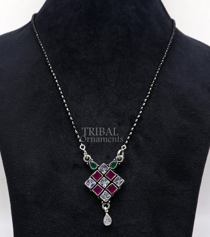 925 sterling silver black beads Mangalsutra chain with multi-stone pendant, traditional chunky necklace for brides by Tribal Ornaments