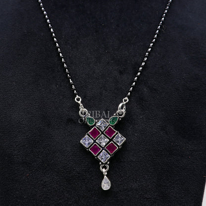 Sterling silver black beads Mangalsutra chain with multi-stone pendant, traditional chunky necklace for brides by Tribal Ornaments
