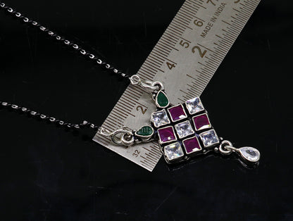 925 sterling silver Mangalsutra necklace with black beads, multi-stone pendant, traditional chunky chain, designed for brides.