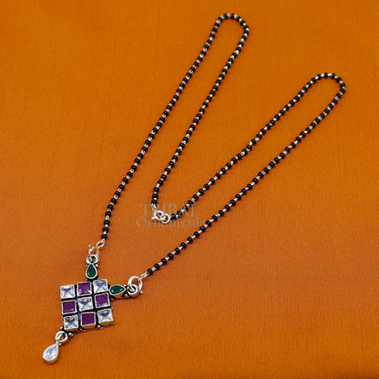 925 sterling silver black beads Mangalsutra chain with multi-stone pendant, traditional chunky necklace for brides by TRIBAL ORNAMENTS