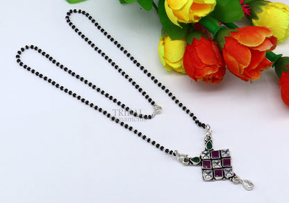 925 sterling silver black beads Mangalsutra chain with multi-stone pendant, traditional chunky necklace for brides by TRIBAL ORNAMENTS