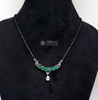 925 sterling silver black beads mangalsutra chain necklace with waved design and cut stone pendant, traditional bridal jewelry by Tribal Ornaments.