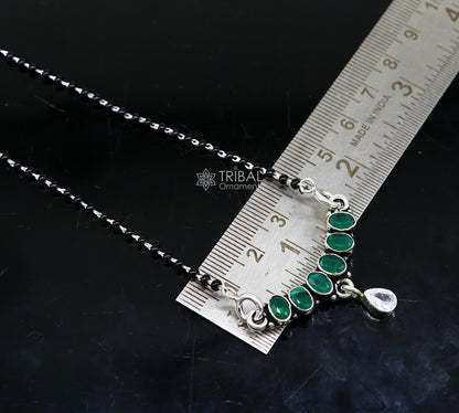 925 sterling silver black bead mangalsutra chain with waved design and cut stone pendant, traditional style bridal necklace.
