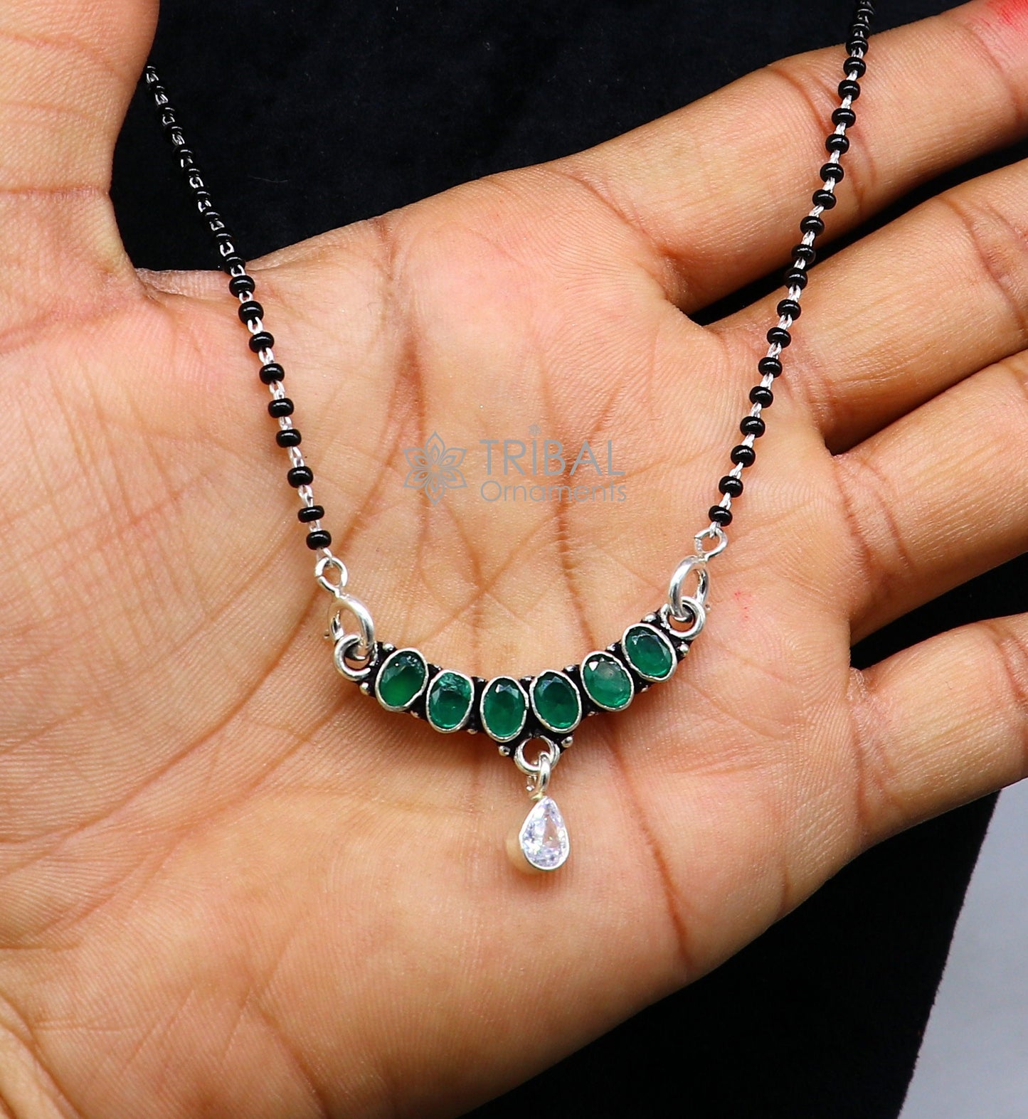 925 sterling silver black beads mangalsutra chain necklace gorgeous Waved design cut stone pendant, traditional style brides necklace ms36 - TRIBAL ORNAMENTS