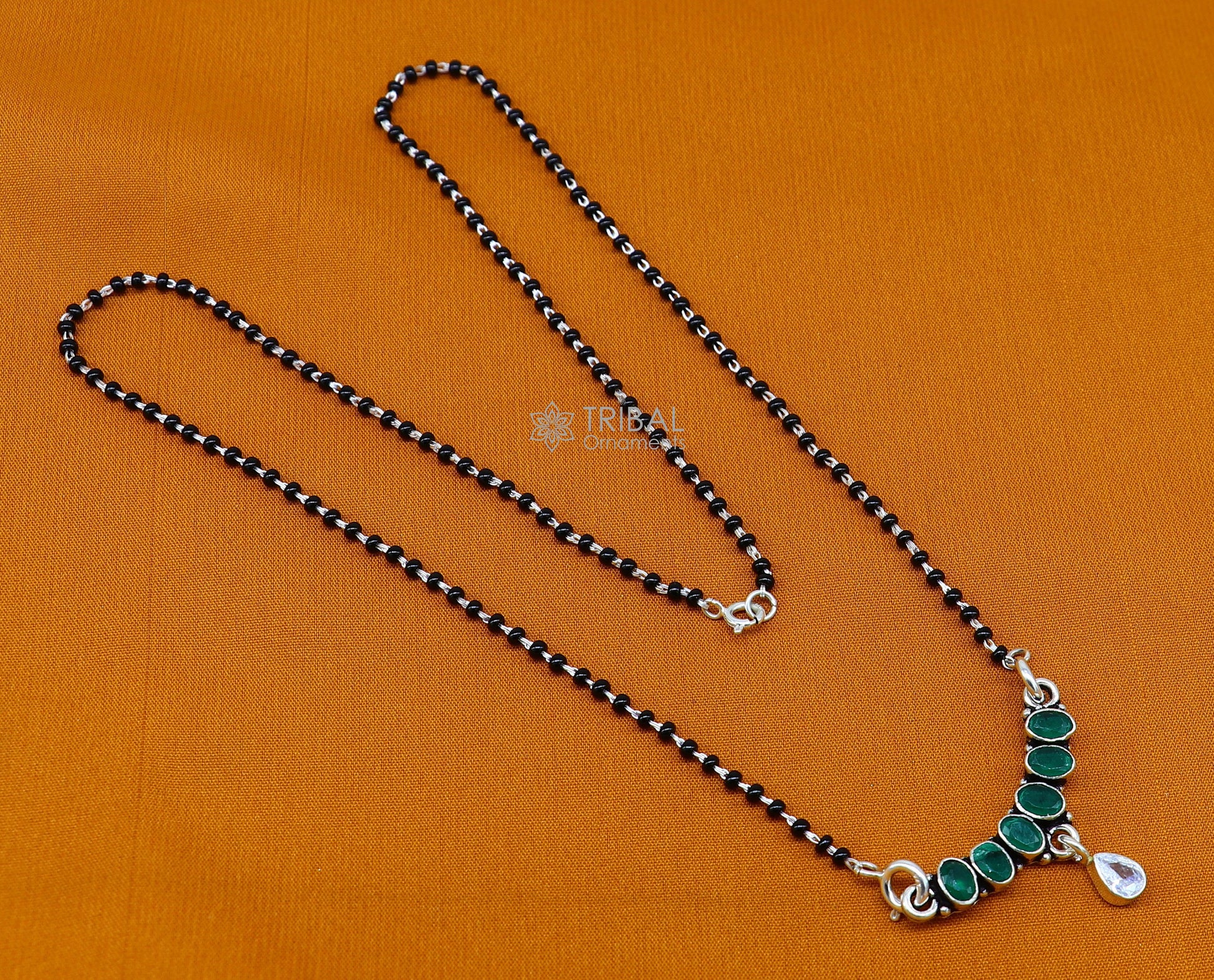 925 sterling silver black beads mangalsutra chain necklace gorgeous Waved design cut stone pendant, traditional style brides necklace ms36 - TRIBAL ORNAMENTS