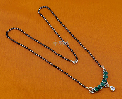 925 sterling silver black beads mangalsutra chain necklace with waved design and cut stone pendant, traditional style brides jewelry