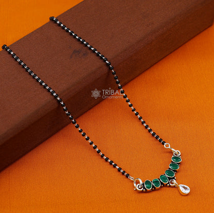 925 sterling silver black beads mangalsutra chain necklace with waved design and cut stone pendant, traditional bridal jewelry by TRIBAL ORNAMENTS.