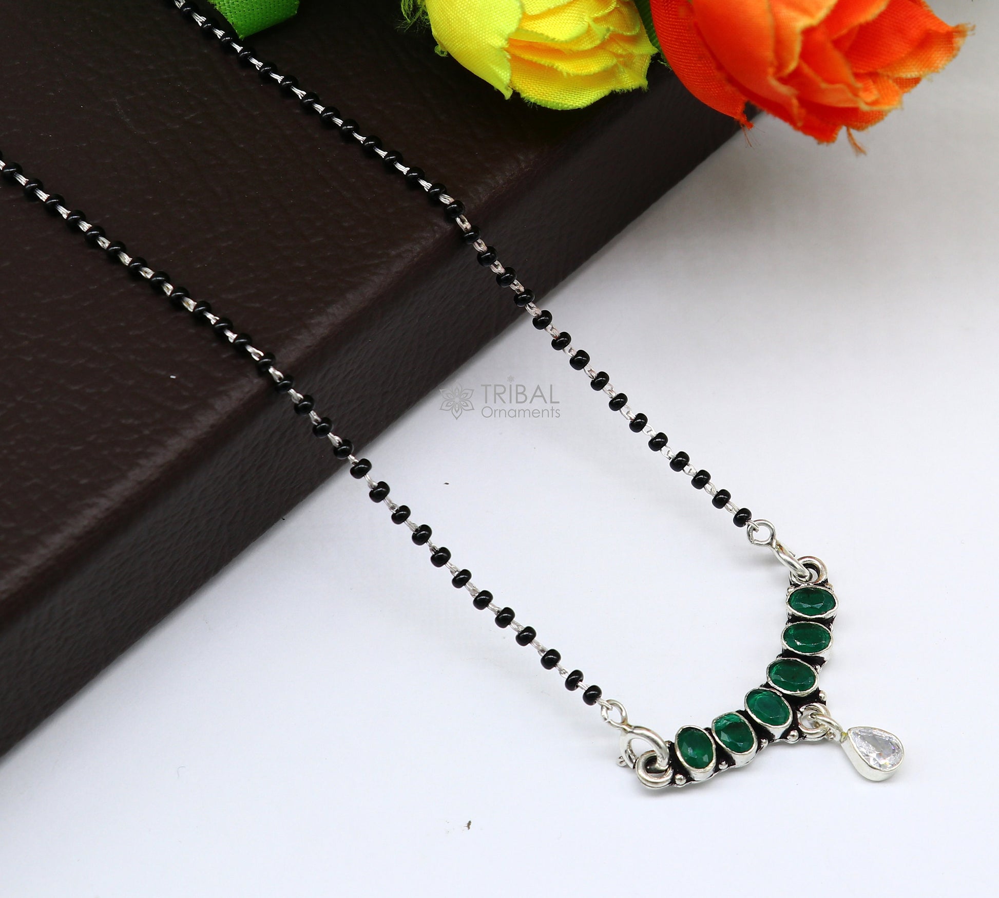 925 sterling silver black beads mangalsutra chain necklace gorgeous Waved design cut stone pendant, traditional style brides necklace ms36 - TRIBAL ORNAMENTS