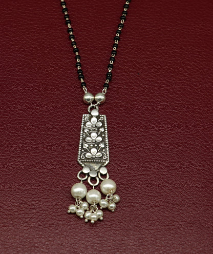 925 sterling silver floral beaded chain necklace with pearl pendant, tribal design, perfect for gifting.