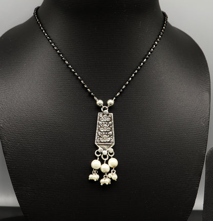 Sterling silver floral beaded chain necklace with pearl pendant, custom design by Tribal Ornaments, perfect for gifting.