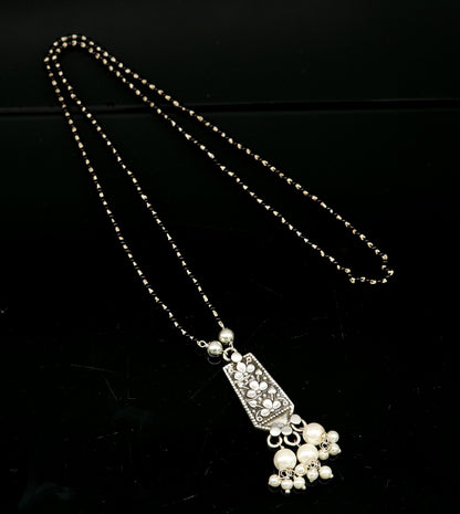 925 sterling silver beaded chain necklace with floral design and pearl pendant, traditional tribal jewelry by TRIBAL ORNAMENTS