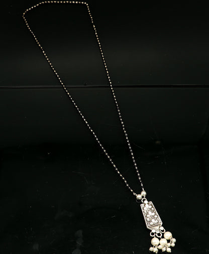 925 sterling silver beaded chain tribal necklace with floral design and pearl pendant, ideal for gifting or traditional jewelry.