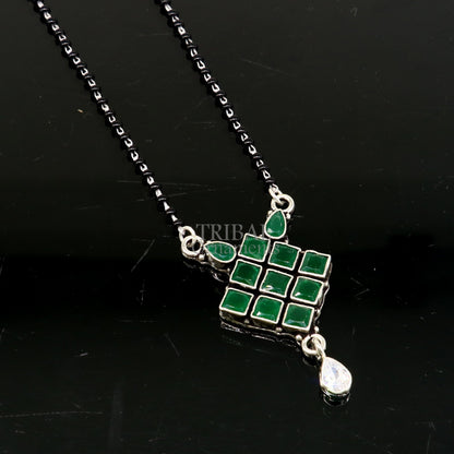 Sterling silver black beads chain with green stone mangasutra necklace, traditional tribal ornament design for brides.