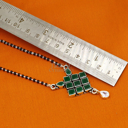 925 sterling silver mangasutra necklace with black beads and green stone pendant, traditional trendy design by TRIBAL ORNAMENTS
