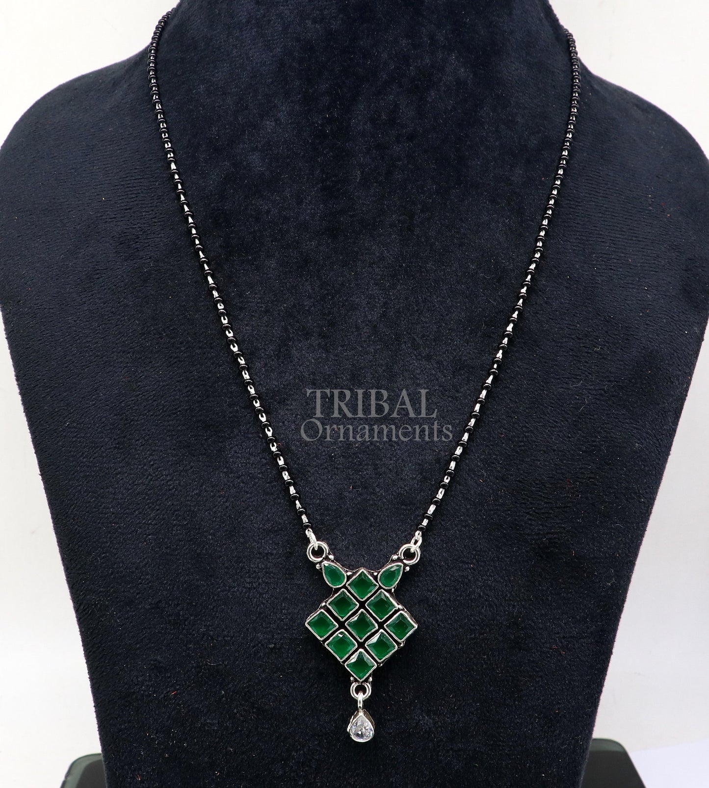 925 sterling silver green stone pendant mangasutra, gorgeous trendy design pendant, traditional style brides mangalsutra necklace ms06 - TRIBAL ORNAMENTS