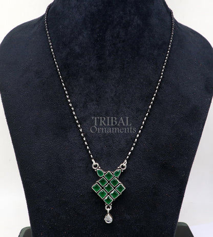 925 sterling silver mangasutra necklace with green stone pendant and black beads chain, traditional tribal jewelry for brides.